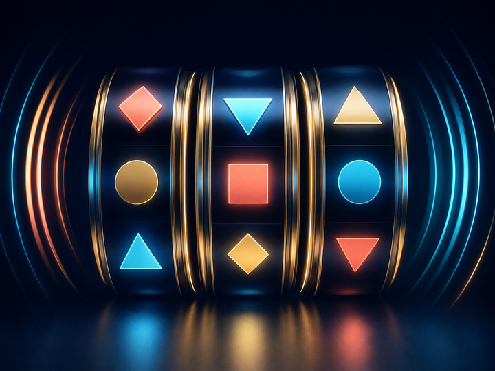 Blue slot reels with gold symbols and coral highlights