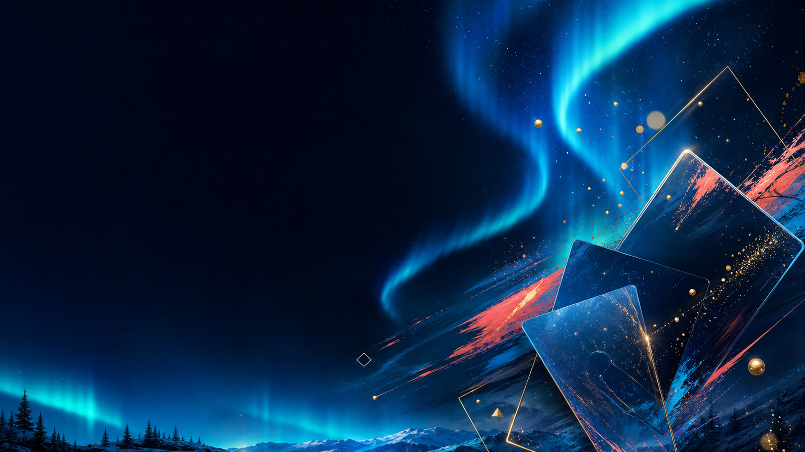 Northern lights above floating blue and coral glass cards