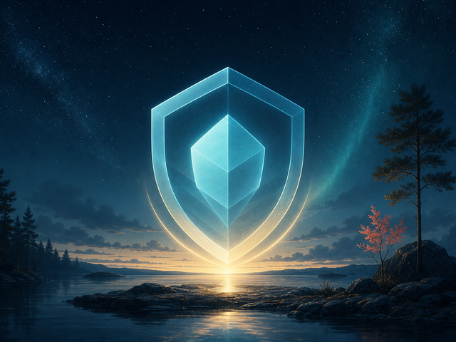 Cyan shield over a Finnish lake